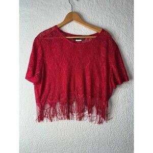 Vintage Sharade Nites Red Metallic Knit Fringe Crop Top Wm's Size 18 Made in USA